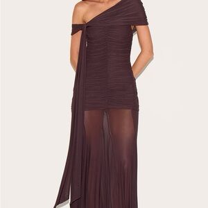 NWT pretty little thing BROWN LINED MESH BARDOT MAXI DRESS, size 4